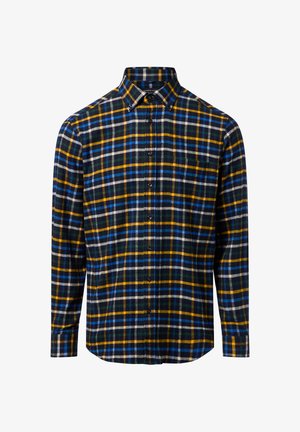 Herenplaid overhemd met een blauw, geel en groen ruitpatroon. Gemaakt van stof met een zachte textuur; knoopsluiting met een kraag.