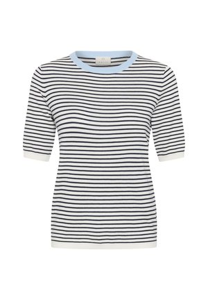 Haut en maille à manches courtes blanches avec des rayures horizontales noires et un col rond côtelé bleu clair.