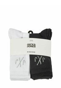 20-pack of socks in black and white. Made from cotton-rich material with ribbed texture. Each sock features a subtle gray logo accent.