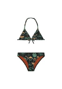 Čierny bikiny set obsahujúci trojuholníkový horný diel s palmovými listami a viazaním, doplnený o zodpovedajúce spodné diely s kontrastnými oranžovými akcentmi.