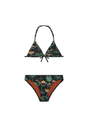 Set bikini nero con top a triangolo decorato da motivi di foglie di palma e un laccetto, abbinato a uno slip coordinato con accenti arancioni a contrasto.