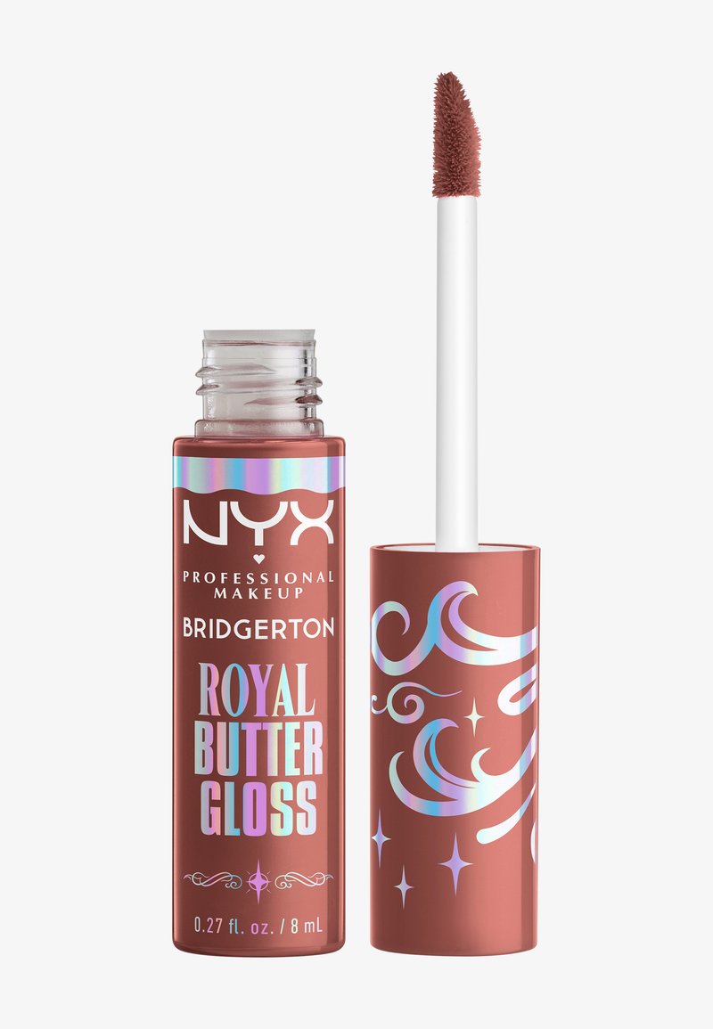 NYX Royal Butter Gloss in una tonalità rosa-marrone, contenuto in un tubetto trasparente con accenti iridescenti e affascinanti disegni vorticosi sul tappo.