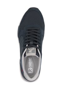 Dark navy sneaker featuring a suede upper, mesh inserts, round laces, and a white rubber sole. Notable branding on the tongue.