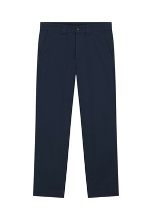 Pantalon droit bleu marine avec passants pour ceinture, poches latérales et fermeture par bouton à la taille.