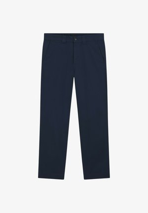 Pantalon droit bleu marine avec passants pour ceinture, poches latérales et fermeture par bouton à la taille.