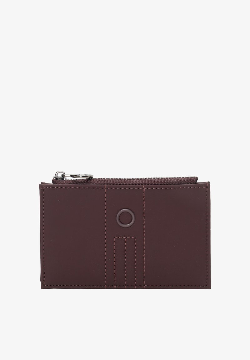 Burgundy wallet made of smooth material, featuring a zipper closure, stitched accents, and a circular embellishment on the front.