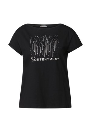 T-shirt nera in cotone con maniche corte, scollatura rotonda e un design grafico bianco con linee verticali e la scritta "find CONTENTMENT."