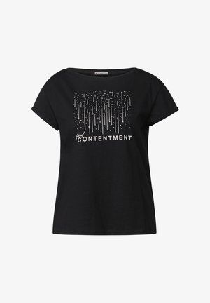 Schwarzes Baumwoll-T-Shirt mit kurzen Ärmeln, rundem Ausschnitt und einem weißen Grafikdesign mit vertikalen Linien sowie dem Text "finde ZUFRIEDENHEIT."