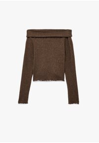 Brun ribbet strikket off-shoulder top med lange ærmer, der har en cropped kant og bølgede kanter. Blød tekstur, tætsiddende design.