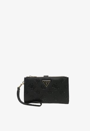 Portefeuille noir texturé en matériau synthétique avec fermeture éclair, détails de logo en relief et une lanière amovible. Accent logo en métal.