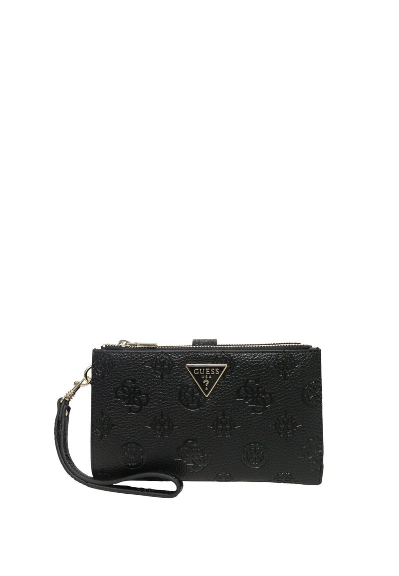 Portefeuille noir texturé en matériau synthétique avec fermeture éclair, détails de logo en relief et une lanière amovible. Accent logo en métal.