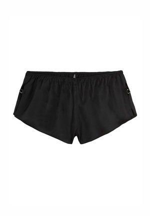 Shorts da bagno neri realizzati in materiale liscio e leggero, con vita elastica e tasche laterali con dettagli in metallo.