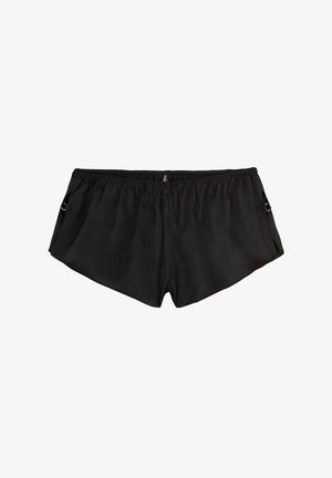 Shorts da bagno neri realizzati in materiale liscio e leggero, con vita elastica e tasche laterali con dettagli in metallo.