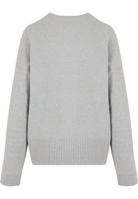 Pull gris clair en maille avec manches longues, bordures côtelées aux poignets, à l'ourlet et au col, vu de dos.
