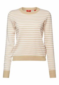 Beige en witte lange mouwen trui met een klein rond patroon, geribbelde halslijn, manchetten en zoom, weergegeven op een witte achtergrond.