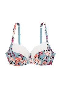 Soutien-gorge à imprimé floral dans des nuances de bleu, rose et blanc. Présente des bordures en dentelle sur les bonnets et des bretelles réglables. Tissu lisse avec soutien-gorge armé.
