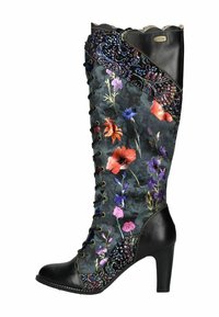 Stivale nero fino al ginocchio con esterno in tessuto floreale e ricami colorati, stringato sul davanti e tacco alto affusolato.