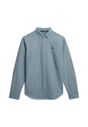 Overhemdd met lange mouwen en verticale lichtblauwe en grijze strepen, een knoopsluitende kraag en een klein geborduurd logo op de borst.