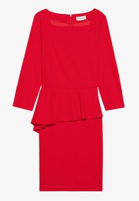 Rotes Peplum-Kleid mit langen Ärmeln, quadratischer Ausschnitt und tailliertem Schnitt. Hergestellt aus einem glatten Stoff mit einem geschichteten Peplum-Detail an der Taille.