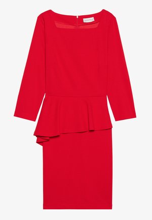 Punane peplum kleit pikkade varrukatega, ruudukujulise kaelusega ja keha lähedalt istuva siluetiga. Valmistatud sileda kangaga, millel on kihiline peplum detail vöökoha juures.