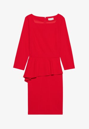 Red peplum dress with long sleeves, square neckline, and a fitted silhouette. Made from a smooth fabric with a layered peplum detail at the waist.
