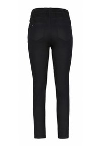 Zwarte stretchjeans met een gladde afwerking, voorzien van een hoge tailleband, twee achterzakken en een slim fit ontwerp. Geen zichtbare hardwaredetails.