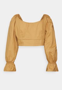 Camiseta curta em amarelo mostarda, feita de tecido suave. Apresenta um decote quadrado e mangas bufantes com elástico nos punhos.