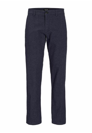 Pantalones azul marino confeccionados en una tela texturizada, con cierre de botón, pasadores para cinturón y piernas rectas. Diseño sencillo sin patrones.