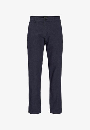 Marineblaue Hose aus einem strukturierten Stoff, mit einem Knopfverschluss, Gürtelschlaufen und geraden Beinen. Einfaches Design ohne Muster.