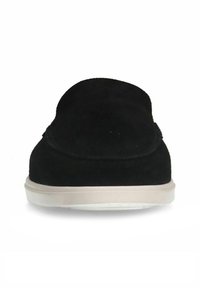 Black suede slip-on shoe with a rounded toe, contrasting light sole, and minimal stitching details. Smooth texture with no embellishments.
