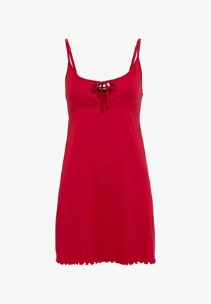 Red sleeveless mini dress with thin straps, a small front tie at the neckline, and a ruffled hem.
