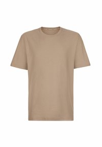 Beige kortærmet T-shirt lavet af blødt stof, med rund halsudskæring og lige snit. Ingen synlige mønstre eller accenter.