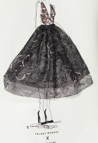 Diseño de vestido de encaje negro con corsé de lentejuelas, que presenta patrones florales y una falda acampanada. Incluye ilustración de zapatos de tacón alto debajo.