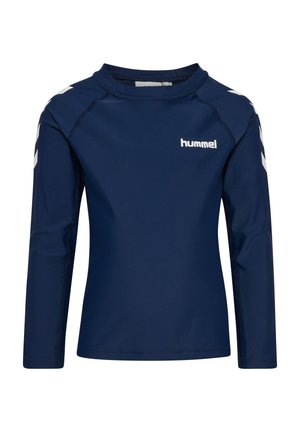 Granatowa sportowa koszulka z długim rękawem z białym logo hummel na piersi i białymi pasami w kształcie jodełki na rękawach, okrągły dekolt.
