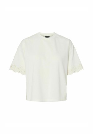 Biała bluzka z krótkim rękawem z karbowanymi brzegami i kwiatowym haftem wycinanym na rękawach, okrągły dekolt, luźny krój.