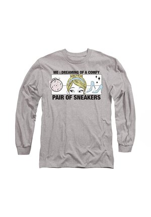 Gray long-sleeve T-shirt featuring a graphic print with a clock, a girl’s face, high heels, and the text "ME: DREAMING OF A COMFY PAIR OF SNEAKERS."