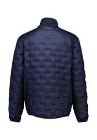 Marinblå puffjacka med en quiltad textur. Har en hög krage, kontrasterande mesh-sidopaneler och elastiska muddar. Lämplig för utomhusbruk.