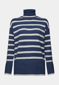 Pull col roulé en laine bleu marine et blanc à rayures, manches longues, ourlet et poignets côtelés.