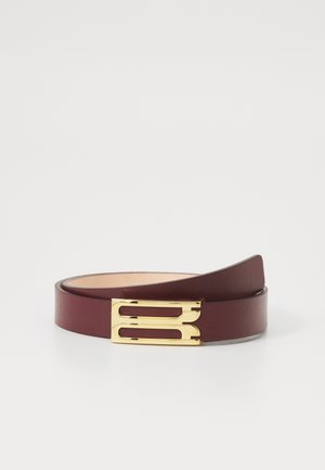 Burgundy leather belt with a smooth texture, featuring a gold-tone rectangular buckle with cut-out details. Simple and sleek design.