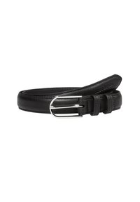 Zwarte leren riem met een zilveren, afgeronde rechthoekige gesp, opgerold met zichtbare stiksels en twee riemlussen.