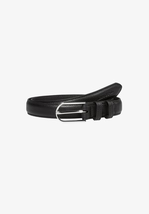 Ceinture en cuir noir avec boucle rectangulaire ronde en argent, enroulée avec des coutures visibles et deux passants.