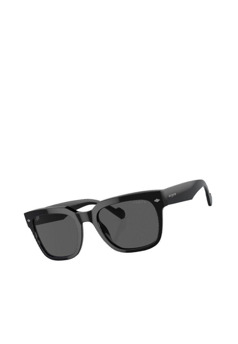 Occhiali da sole neri con una montatura spessa, lenti quadrate e una finitura lucida. Presentano sottili dettagli a forma di diamante sulla parte anteriore.