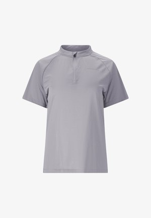 Lyhythihainen vaaleanharmaa urheilupaita, jossa etuvetoketju ja teksturoitu kangas, suunniteltu urheiluun tai vapaa-ajan käyttöön.