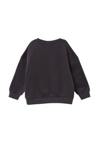 Dunkelgrauer Sweatshirt mit Rundhalsausschnitt, überschnittenen Schultern und gerippten Bündchen. Weiche Textur und lockere Passform, keine sichtbaren Logos oder Muster.