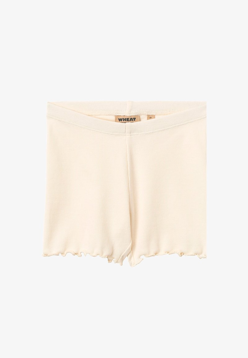 Shorts côtelés de couleur crème avec un ourlet festonné, dotés d'une taille élastique. L'étiquette indique "WHEAT" et taille "4Y."