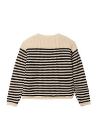 Maglione lavorato a maglia con righe orizzontali nere e crema. Caratterizzato da un collo a giro, maniche lunghe e una vestibilità comoda. Tessuto testurizzato.
