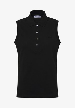 Camisa polo sin mangas negra hecha de tejido texturizado; cuenta con collar, tapeta de cuatro botones y un pequeño logotipo bordado en el pecho.