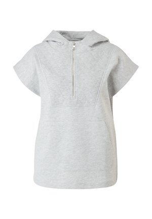 Lichtgrijze doorgestikte korte mouw hoodie met halve rits aan de voorkant en kangaroezak, afgebeeld op een effen witte achtergrond.