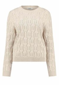 Beige Kabelstrickpullover mit rundem Ausschnitt, langen Ärmeln, strukturiertem Blattmuster und geripptem Saum. Verfügt über offene Stichakzente.