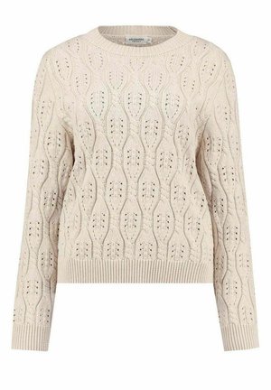 Beige Kabelstrickpullover mit rundem Ausschnitt, langen Ärmeln, strukturiertem Blattmuster und geripptem Saum. Verfügt über offene Stichakzente.